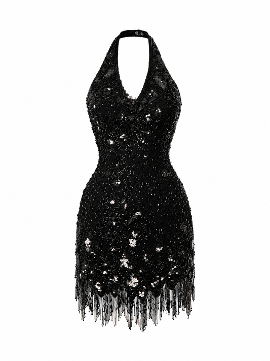 Vintage 90s Nite Line Black Silk Beaded Fringe Halter Mini Dress – XS