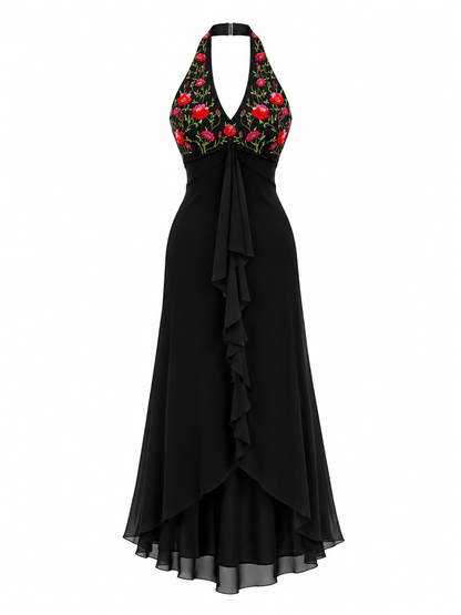 Vintage 90s De Laru by Sheila Yen Black Floral Embroidered Halter Dress – S