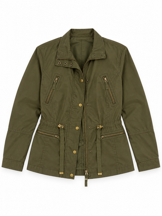 Vintage Y2K Ellos Olive Green Utility Jacket with Drawstring Waist - L