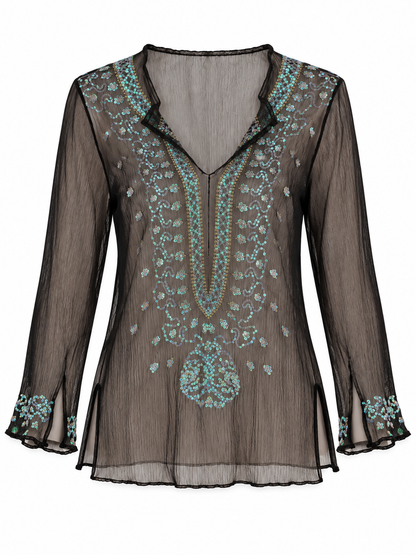 Vintage Venus Black Silk Sheer Sequin Embroidered Blouse – S