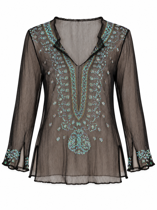 Vintage Venus Black Silk Sheer Sequin Embroidered Blouse – S