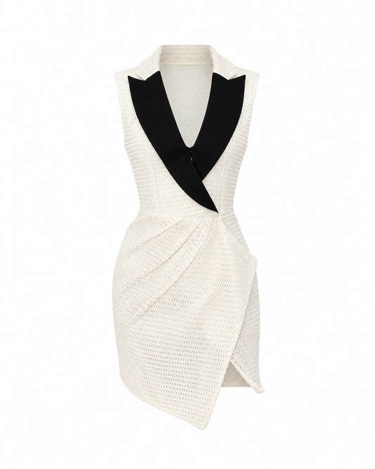 Self-Portrait White Mesh Black Lapel Asymmetric Tuxedo Mini Dress - XS