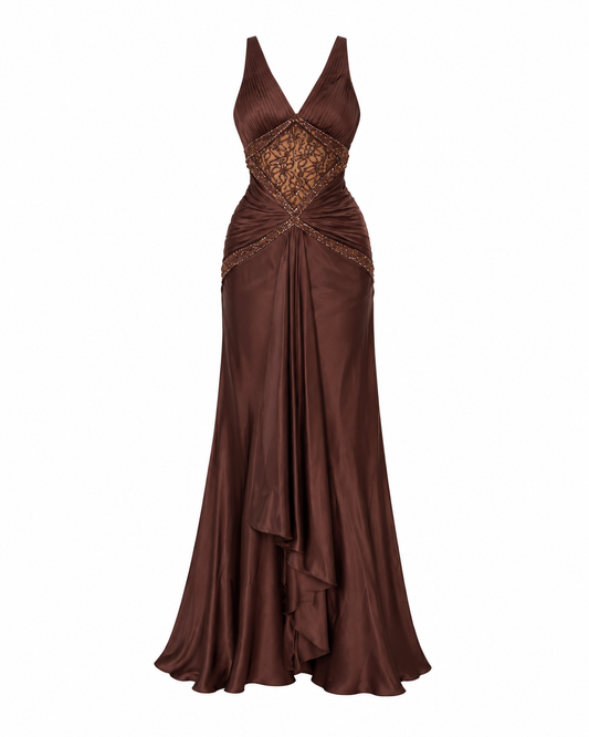 Vintage Y2K Alyce Designs Brown Satin Beaded Lace Cutout Formal Maxi Dress - XS