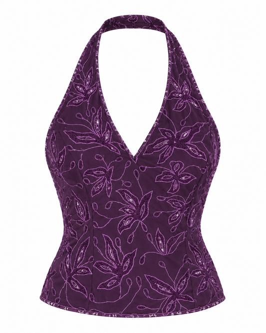 Vintage 90s SWING Purple Beaded Floral Evening Halter Top – M
