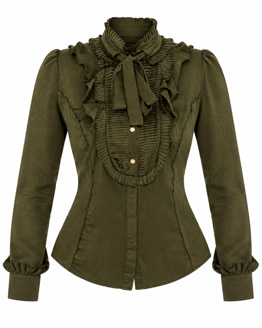 Goldie Estelle Olive Green Long Sleeve Shirt Ruffle Bow Blouse – M