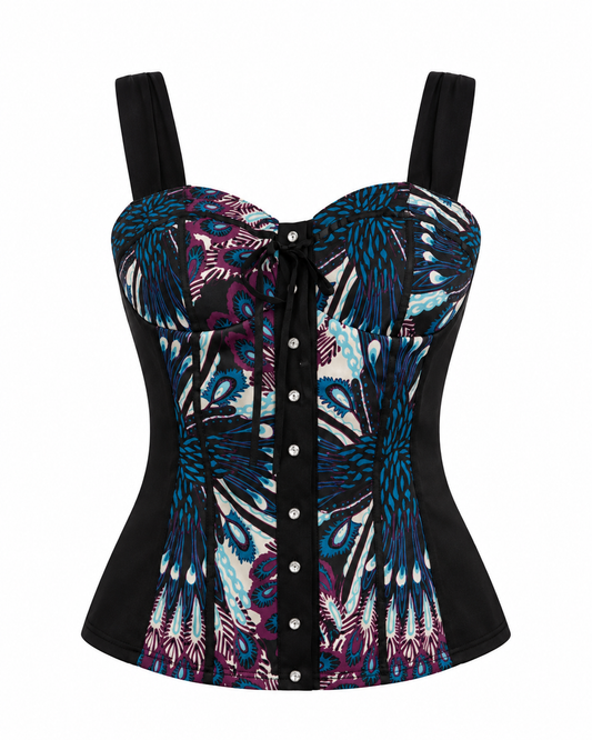 Y2K Three Pink Hearts Trixxi Black Paisley Button Front Corset Top – M