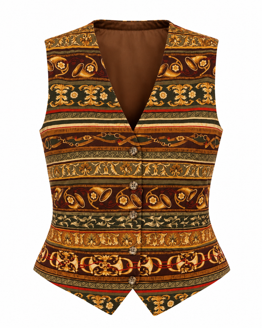 Vintage 90s White Stag Brown Baroque Equestrian Print Tailored Vest - M