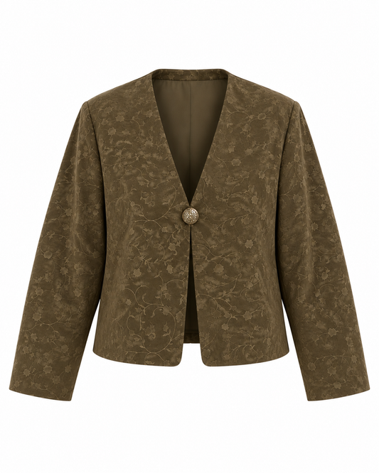 Vintage 90s Handmade Olive Green Floral Jacquard Single Button Blazer – L
