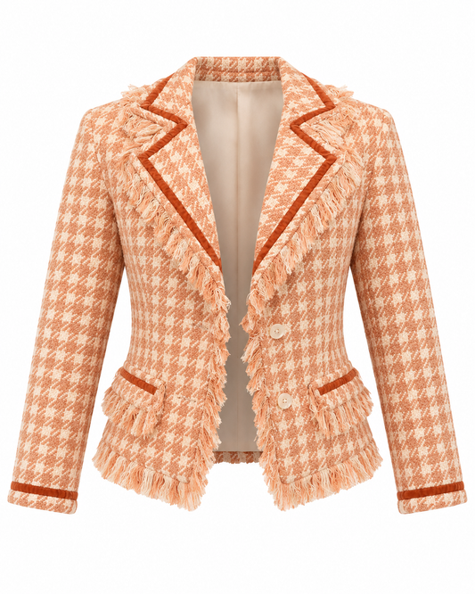 Vintage Y2K Laforet Collection Peach & Cream Houndstooth Fringe Tweed Blazer - XS