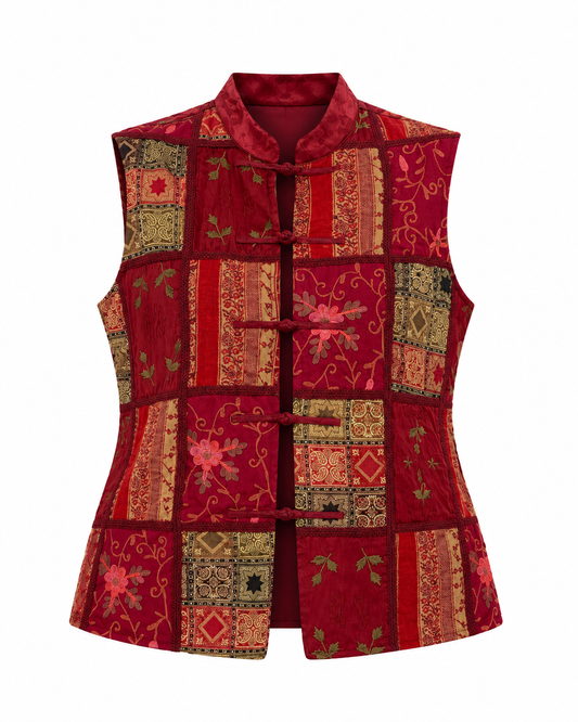 Vintage 90s Coldwater Creek Burgundy Patchwork Embroidered Vest - M