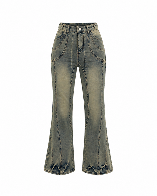 Vintage Y2K Washed Blue Denim Panelled Flare Jeans - 38EUR