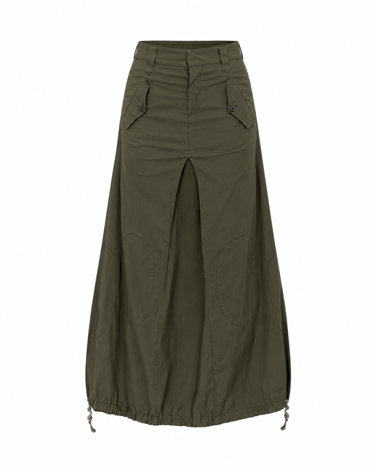 Vintage Y2K Olive Green Utility Cargo Maxi Skirt with Drawstring Hem - L