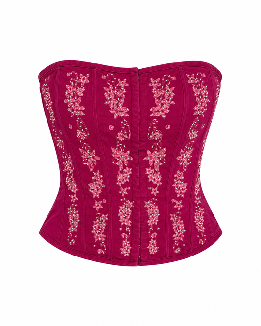 Vintage Y2K KRISP Cotton Embroidered Lace-Up Corset Top - M