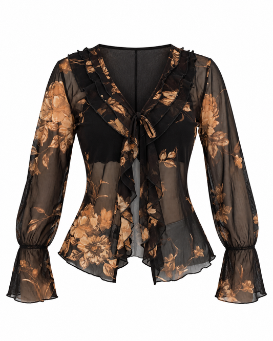 Vintage Y2K Surrender Women Black & Brown Floral Sheer Mesh Ruffle Blouse - M