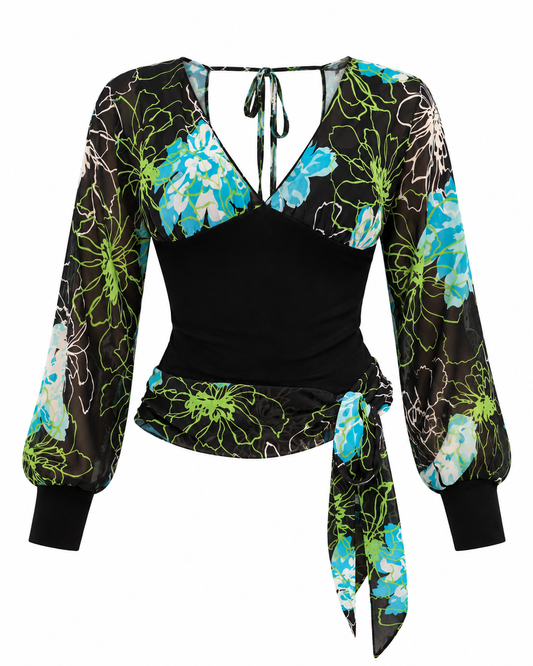 Vintage Y2K Co-me Como Black Floral Sheer Wrap Tie Top - M