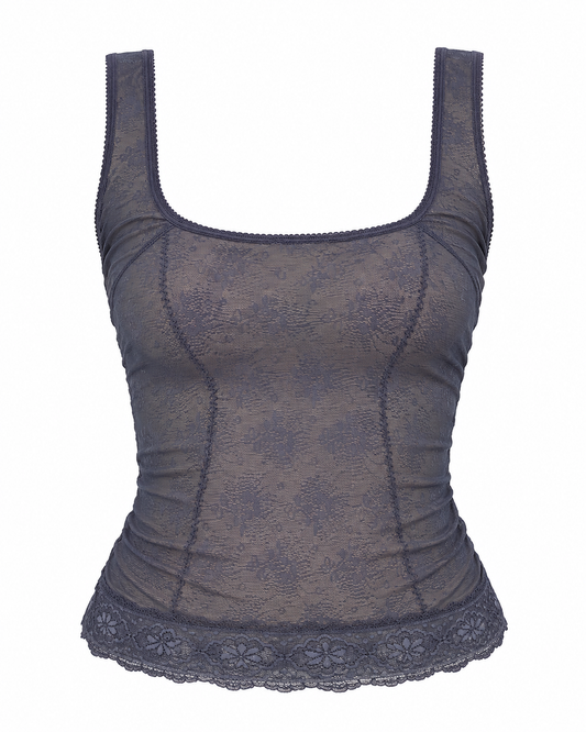 Vintage Charcoal Blue Sheer Floral Lace Corset Tank Top – XS