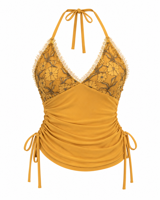 Y2K Vogue by Lemoncola Mustard Lace Ruched Halter Top – XL