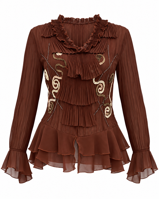 Vintage Whimsy Brown Sheer Pleated Embroidered Ruffle Top – L