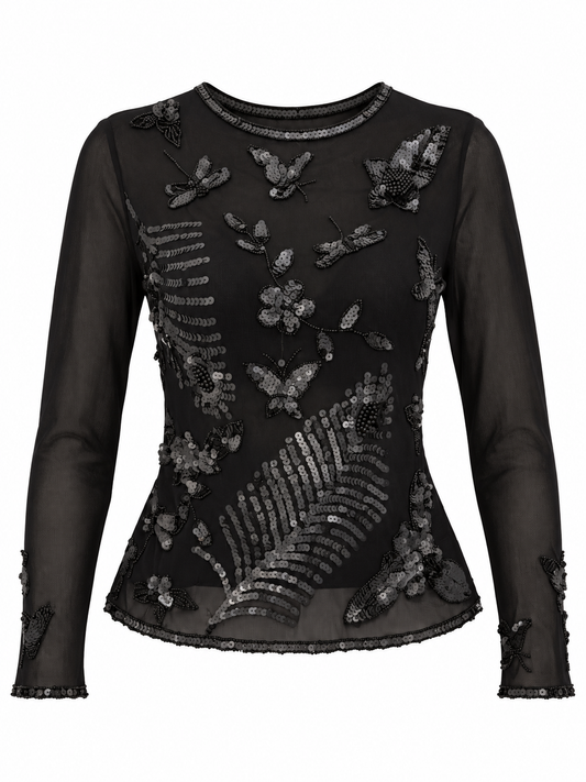 Vintage Poncho Black Mesh Beaded Sequin Butterfly Floral Top – S