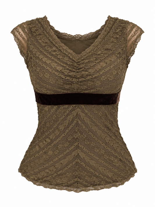 Vintage Y2K Merona Olive Green Lace Velvet Empire Waist Top – S