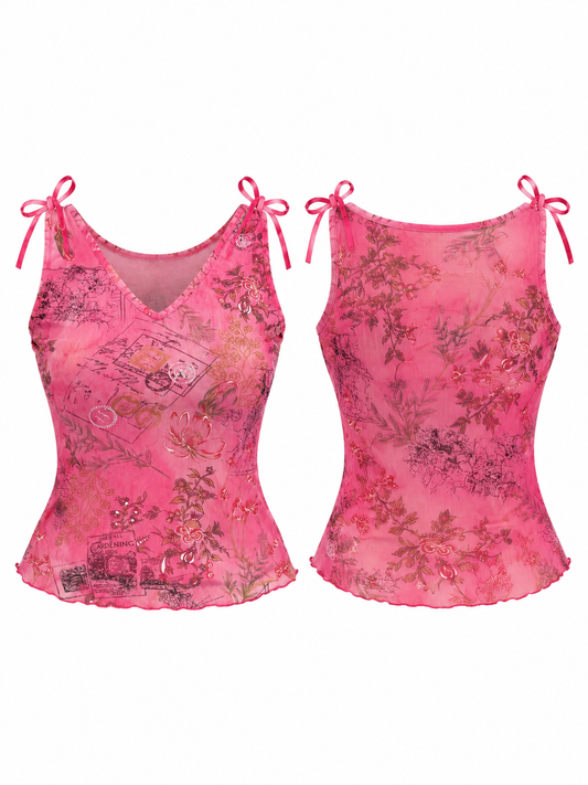 Y2K Pink Floral Mesh Graphic Tie Shoulder Top – S