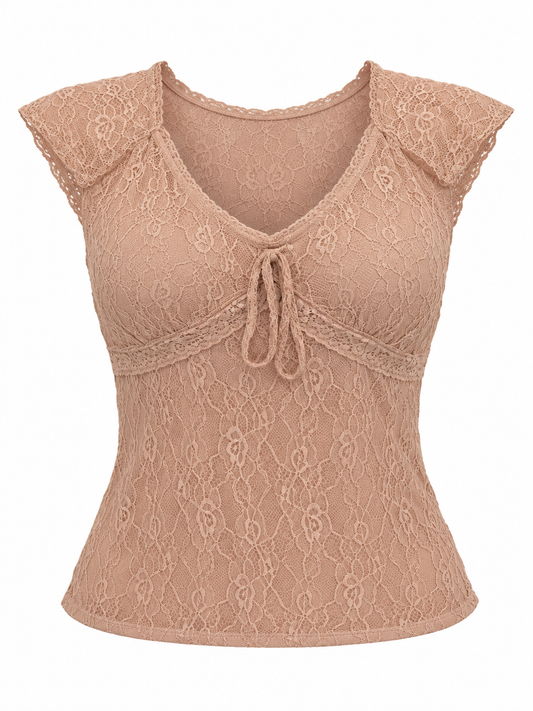 Y2K No Boundaries Nude Floral Lace Tie Front Babydoll Top – Fits S