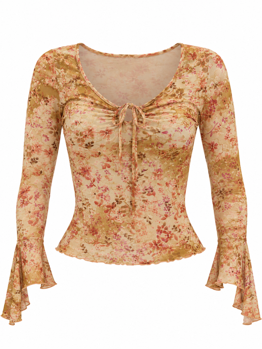 Vintage Ambiance Beige Floral Ruched Bell Sleeve Top – S