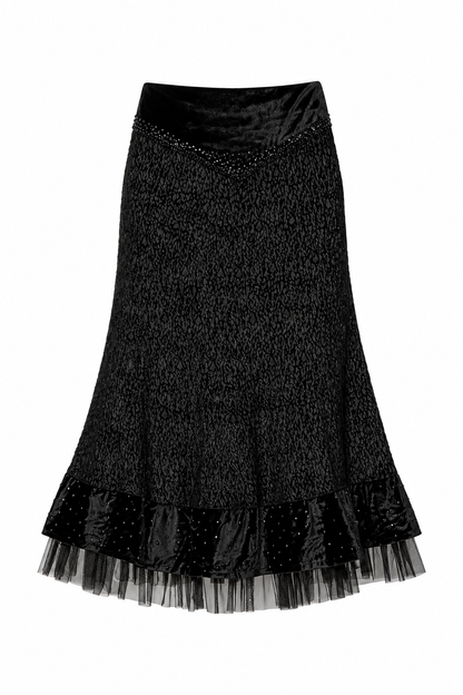 Vintage Whimsigoth Black Velvet Embellished Tulle Grunge Midi Skirt – M