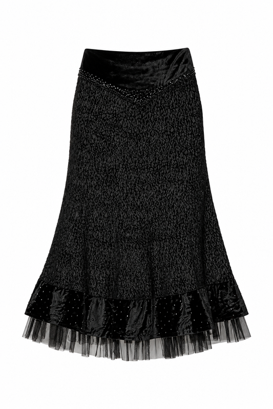 Vintage Whimsigoth Black Velvet Embellished Tulle Grunge Midi Skirt – M