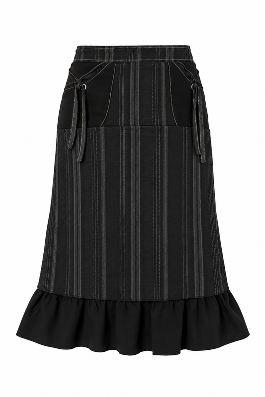 Vintage Y2K Kiabi Woman Black & Charcoal Striped Tiered Midi Skirt - M