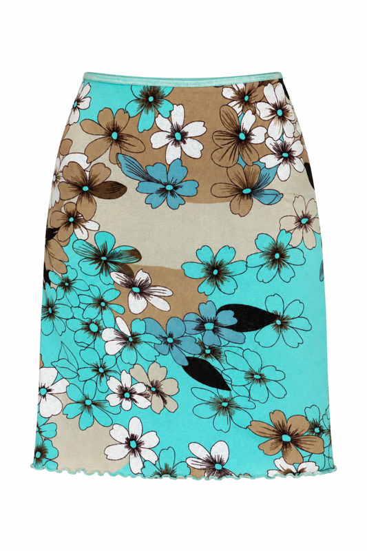 Vintage Y2K Aqua Blue & Beige Floral Print Stretch Midi Skirt - M