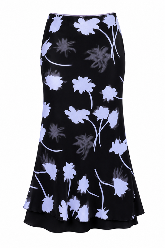 Vintage Y2K Black White Floral Maxi Monochrome Bias Cut Slip Skirt – L
