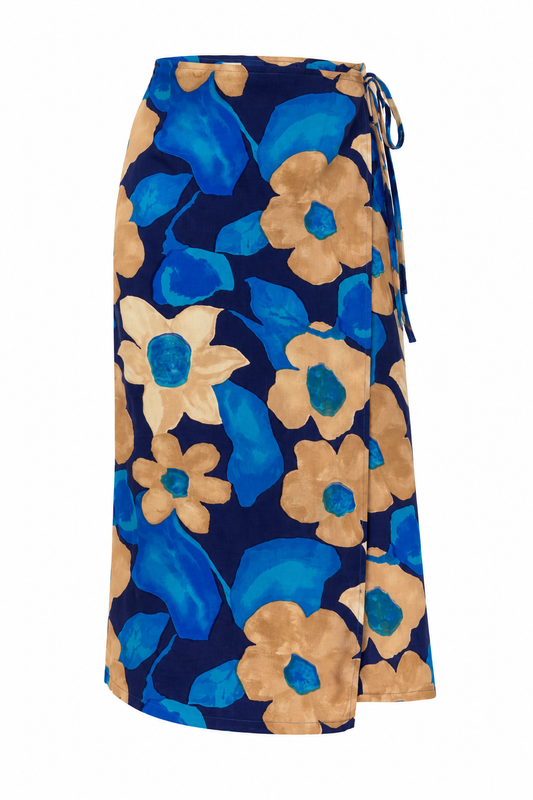 Vintage 1990s Blue & Tan Abstract Floral Wrap Midi Skirt - M