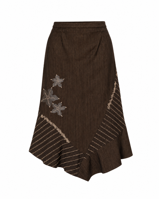 Vintage ISHWAR Brown Patchwork Midi Floral Embroidered Boho Skirt - XL