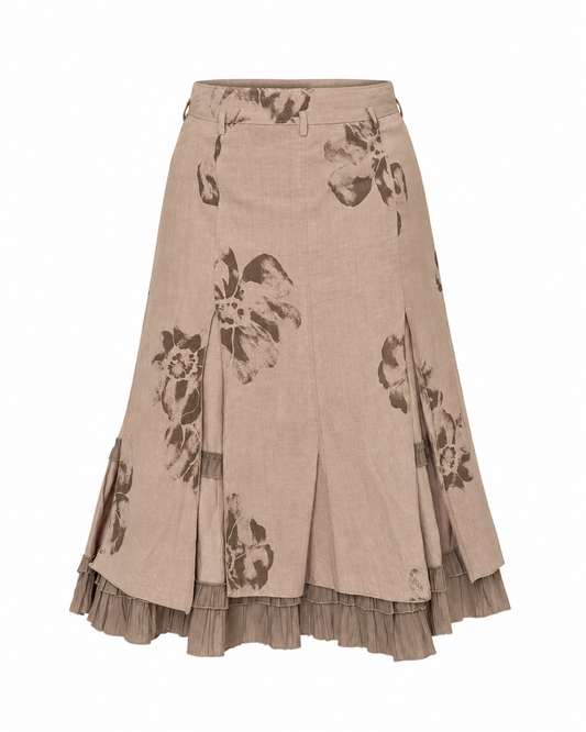 Vintage Layered Linen Taupe Floral Midi Skirt with Ruffle Hem – L