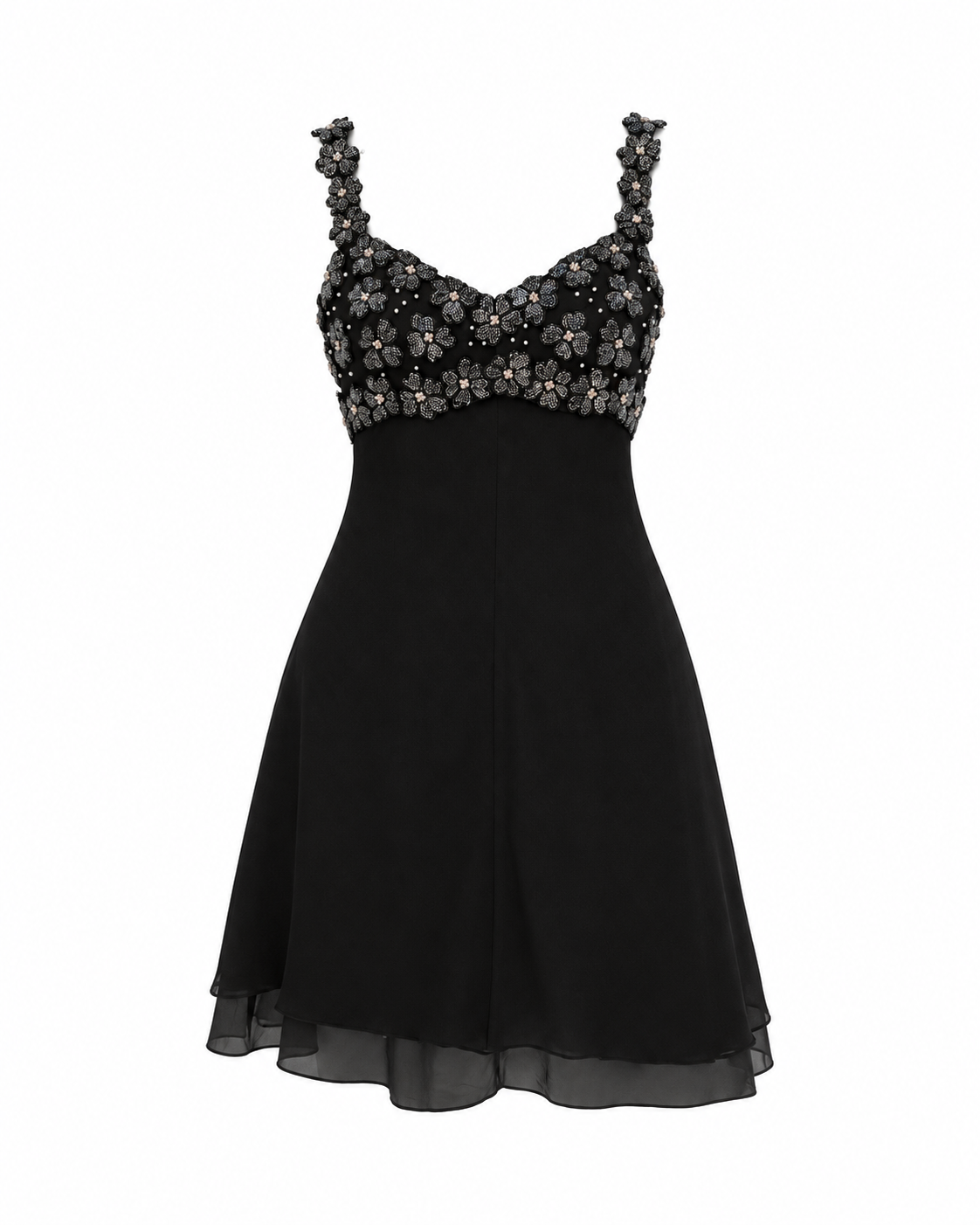 Vintage 90s A.J. Bari Black Silk Beaded Floral Bodice Mini Dress - S