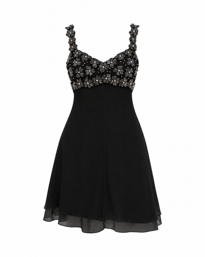 Vintage 90s A.J. Bari Black Silk Beaded Floral Bodice Mini Dress - S