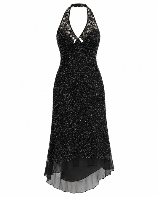 Vintage PAPÉLL BOUTIQUE Black Silk Beaded Halter Evening Dress – S