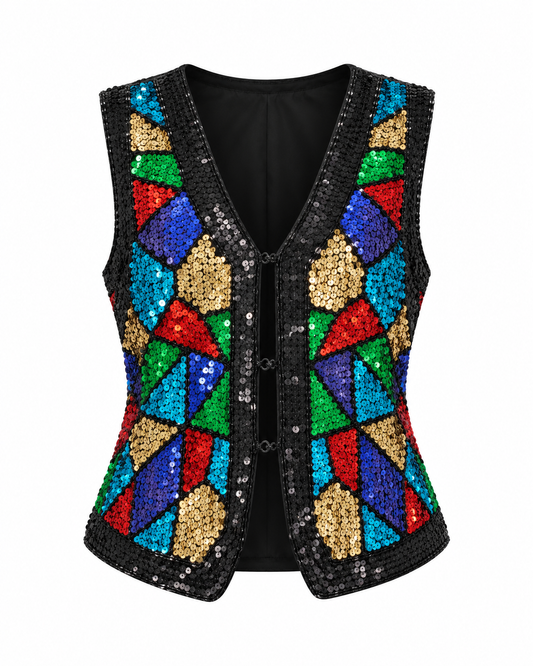 Vintage 80s AJ Bari Black Multicolor Silk Sequin Statement Vest - L