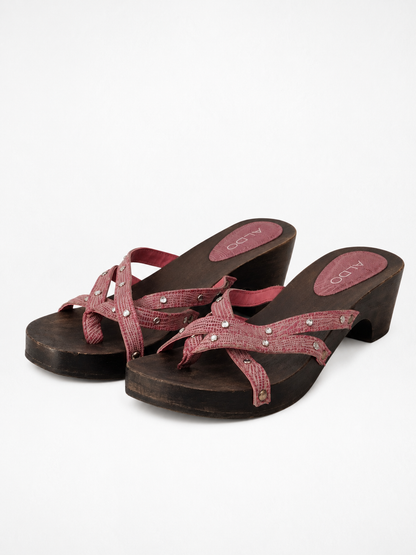 Vintage Y2K ALDO Pink Rhinestone Strappy Wooden Clog Sandals - 37 EU
