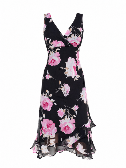 Vintage Alyn Paige Black Pink Floral Chiffon Sleeveless Midi Dress – S
