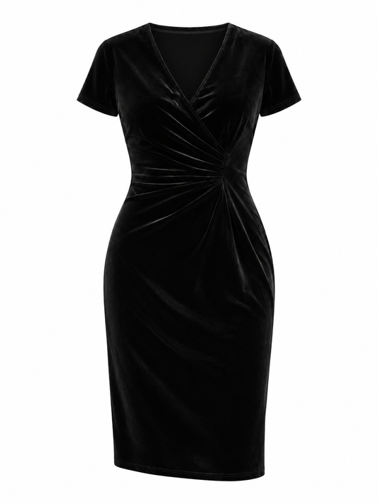 Vintage Amanda Lane Black Velvet Ruched 90s Minimal Evening Mini Dress – S