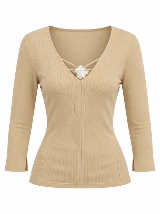 Vintage 90s Apriori Piu Beige Silk Blend Knit Top Minimalist Lace-Up Neckline - M
