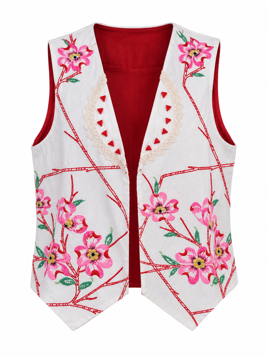 Vintage White Floral Embroidered Crochet Lace  Cottagecore Boho Vest – L