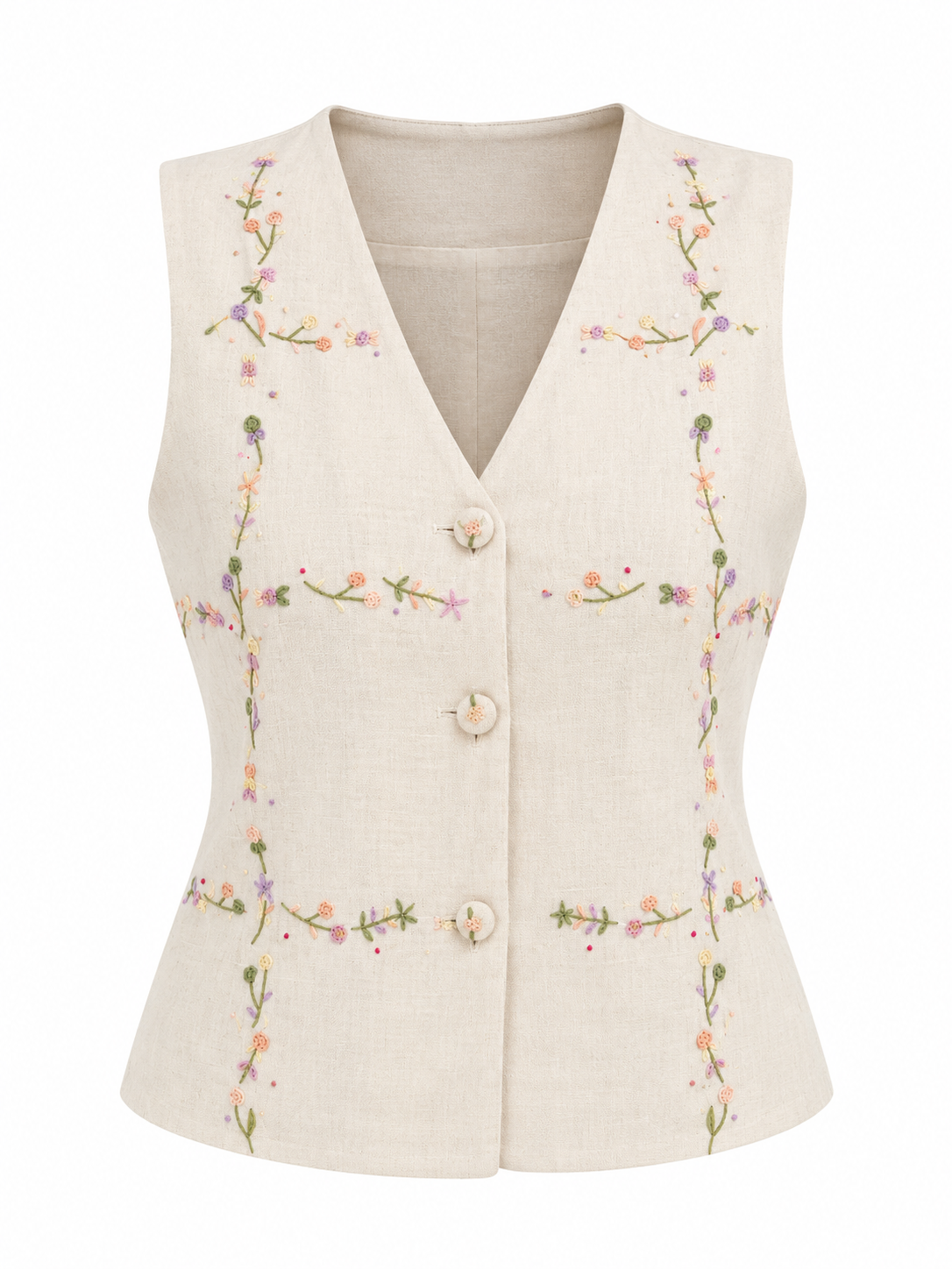 Vintage 90s Eagle’s Eye Ivory Linen Cotton Floral Embroidered Vest – S