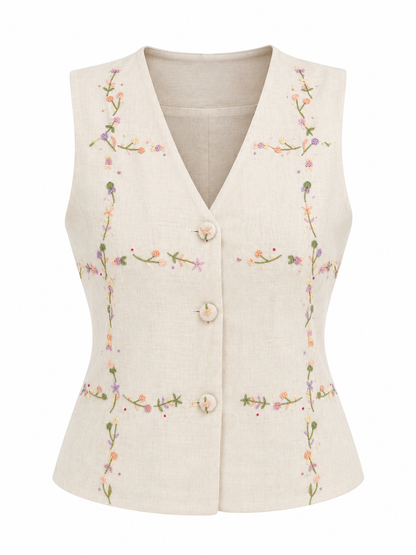 Vintage 90s Eagle’s Eye Ivory Linen Cotton Floral Embroidered Vest – S