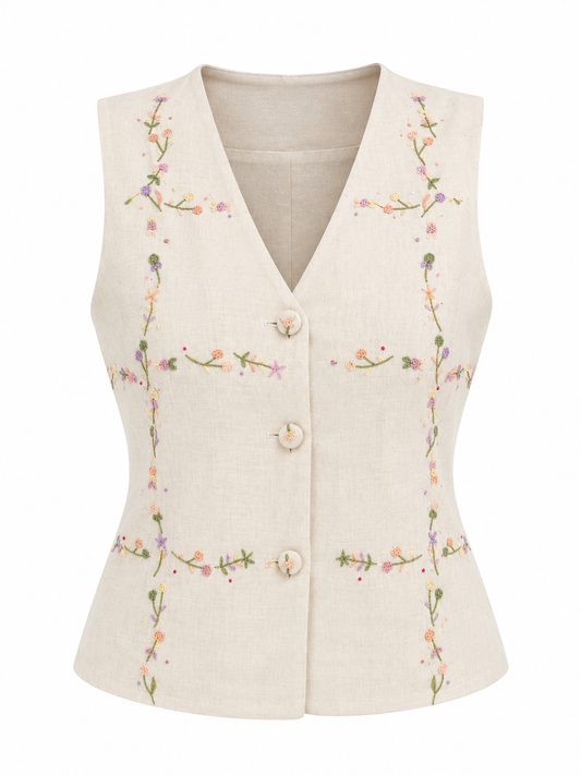 Vintage 90s Eagle’s Eye Ivory Linen Cotton Floral Embroidered Vest – S