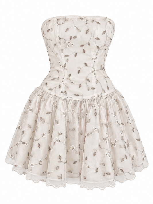 Vintage 90s Jessica McClintock for Gunne Sax White Silver Embroidered Strapless Fit & Flare Dress - S