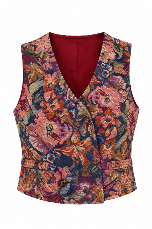Vintage 90s In Design Multicolor Floral Tapestry Cropped Waistcoat Vest - S