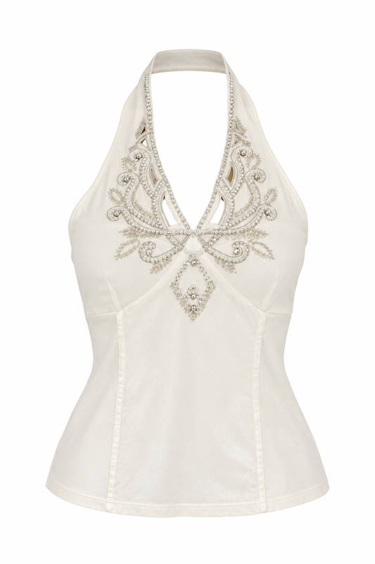 Y2K Next White Satin Rhinestone Beaded Halter Top - M